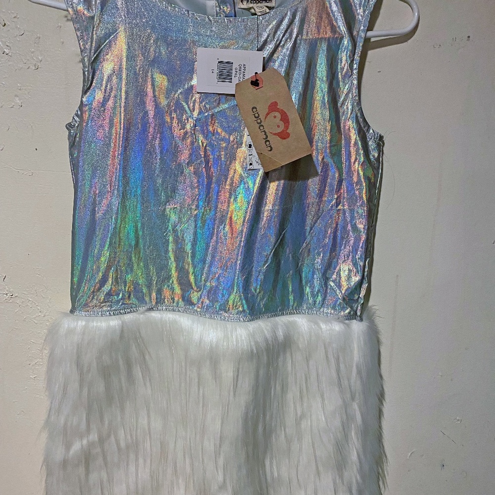 Apperman EVE Shimmery silver sleeveless and faux fur dress nwt size 10